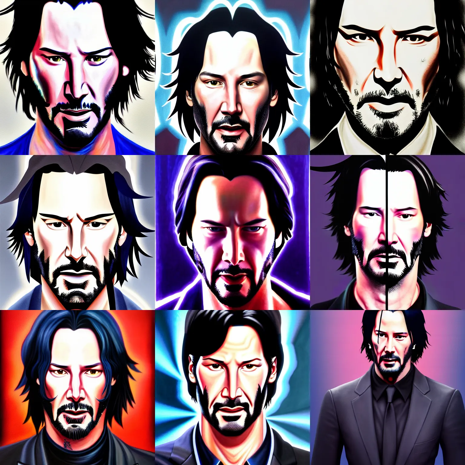 Prompt: painting of a Keanu Reeves as a JoJo character, trending on artstation, very coherent symmetrical artwork, perfect face, symmetrical face, 35 mm, cinematic, hyper realism, high detail, octane render, 8k, chrome accents, unreal engine 5