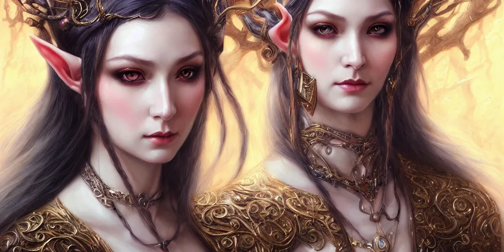 Image similar to a portrait of a female elf sorceress by karol bak and jia ruan, beautiful detailed eyes, cute, fantasy, intricate, elegant, highly detailed, digital painting, 4 k, hdr, concept art, detailed jewelry, smooth, sharp focus, illustration, art by artgerm