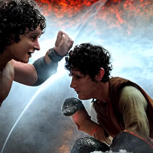 Prompt: frodo baggins wrestles with golumn inside a fiery volcano on the netflix series arcana, very very detailed