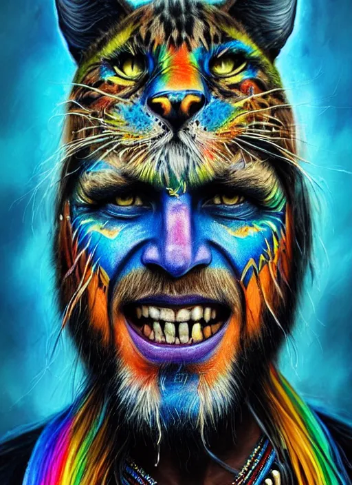 Image similar to photo of a gorgeous Beautiful face Portrait of Magic old shaman with a rainbow panther, face painting, thunders, shaman in the style of stefan kostic, wild, realistic, sharp focus, 8k high definition, insanely detailed, intricate, elegant, art by stanley lau and artgerm