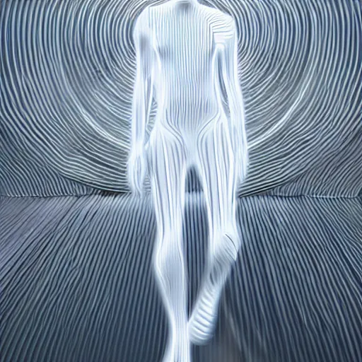 Prompt: glitch art humanoid in a white liminal space, long shot photography, hyperrealistic concept art illustration, motion blur