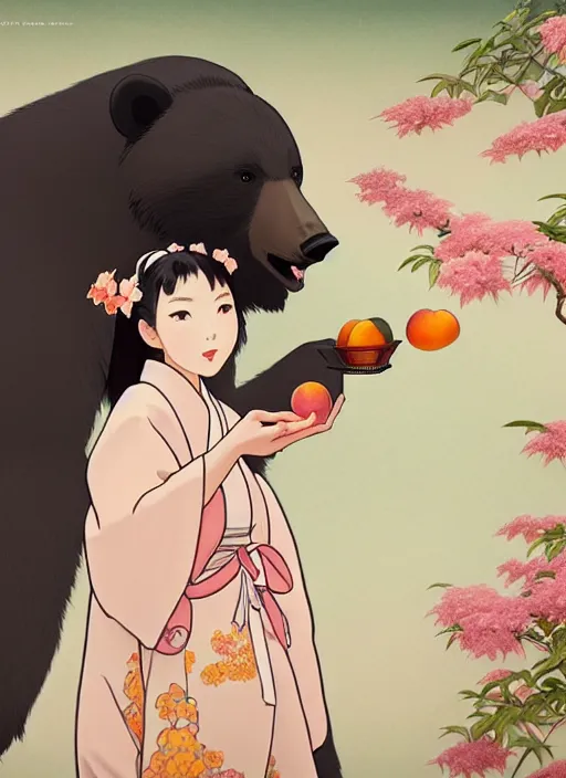 Image similar to painting of a girl wearing a kimono giving a peach to a large anthropomorphic asian black bear, featured in artstation, artgerm, octane render, cinematic, elegant, intricate, 8 k, close up, in the style of studio ghibli and heikala and alphonse mucha,