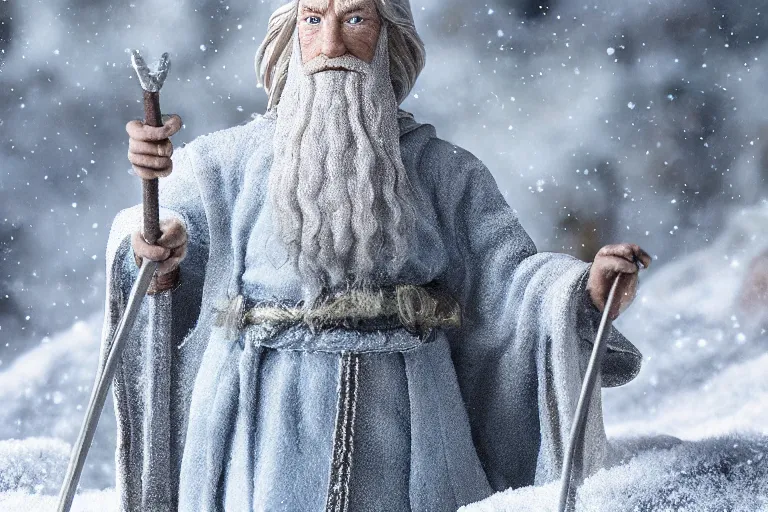 Image similar to A diorama of Gandalf on a snowy mountain, tilt shift, detailed
