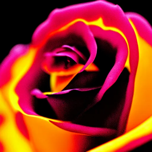 Image similar to award - winning macro of a beautiful black rose made of glowing molten magma