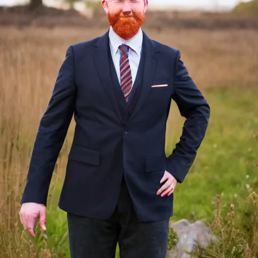 Prompt: MacGuire is a tall, broad-shouldered man in his early 40s, dressed in casual business attire that\'s always a tiny bit too small for his giant frame. A thick red beard frames his wide Scottish grin. Ginger hair. Portrait.