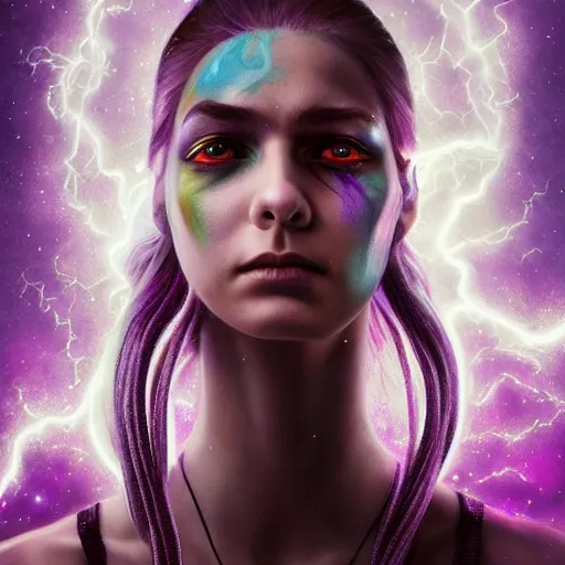 Image similar to detailed photo portrait of a furious teen girl with thin, hair-like purple tentacles on her head and bright purple eyes, 8k,by tristan eaton, Stanley Artgermm,Tom Bagshaw,Greg Rutkowski,Carne Griffiths,trending on DeviantArt, face enhance,hyper detailed ,full of colour, dramatic lightning