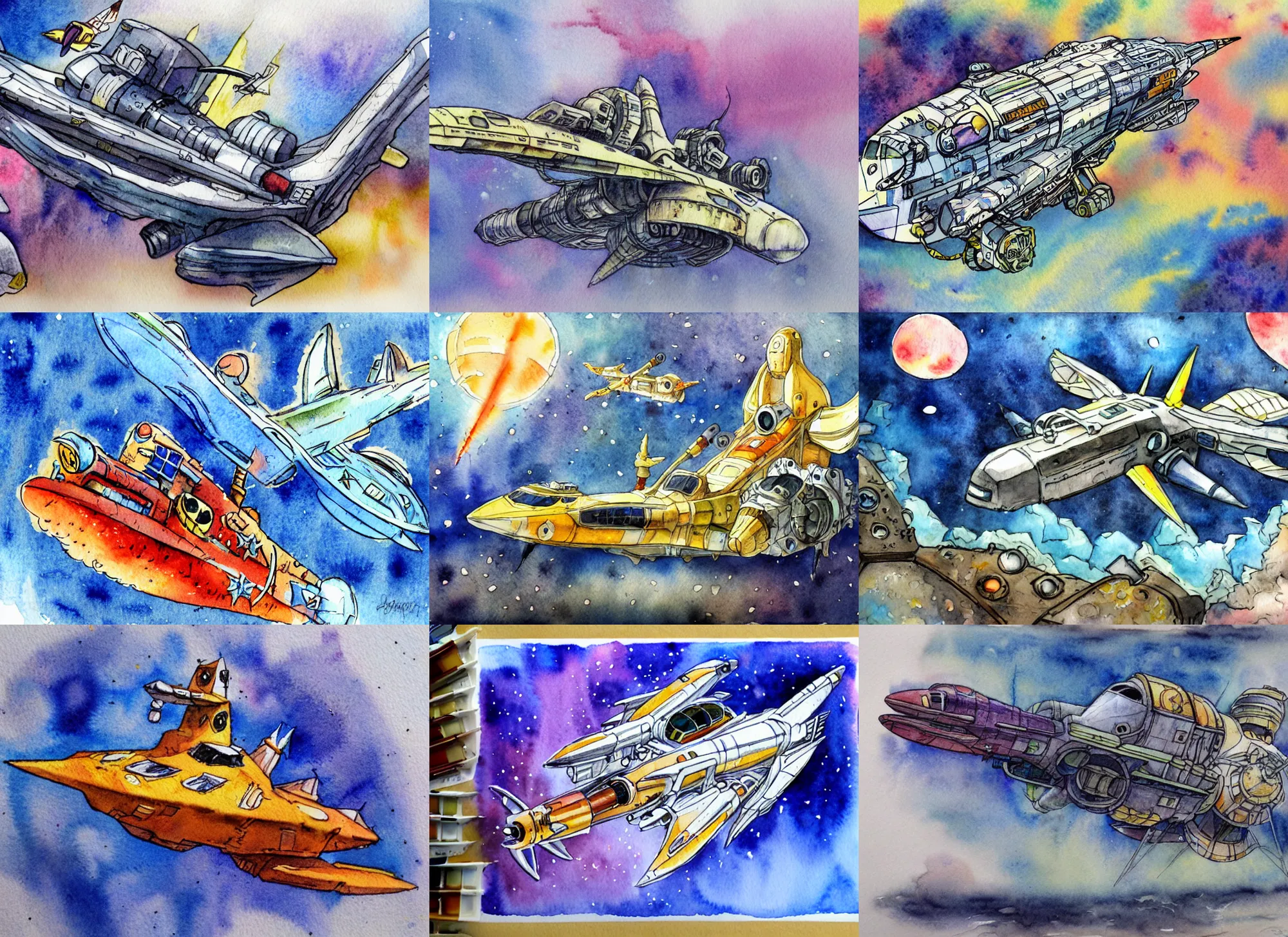 Prompt: detailed watercolor painting cartoon fantasy spaceship