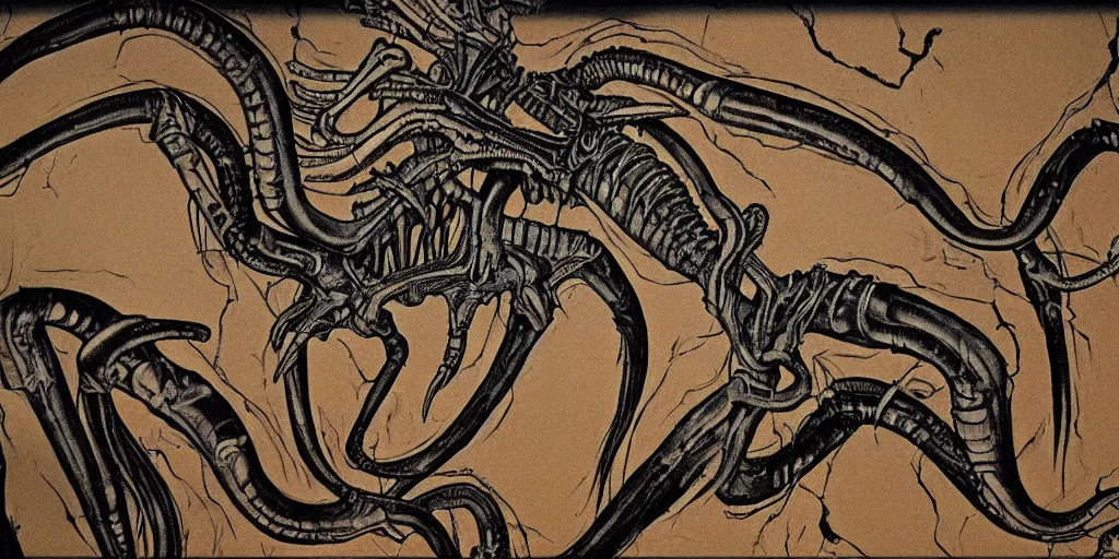 Image similar to xenomorph in the style of HR Giger, color cave painting