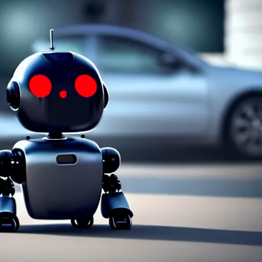 Image similar to a cute little robot in front of a car. super realistic 8 k render of a dark hooded powerful elegant, cinematic composition