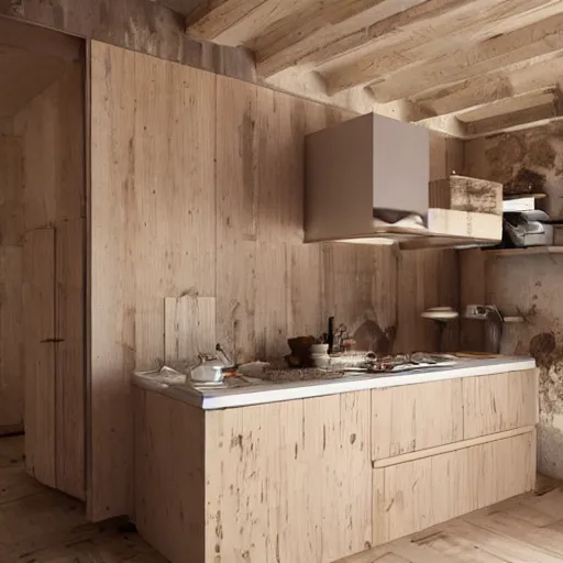 Prompt: una cucina in legno, illustrazione, test di ricerca in una lingua diversa