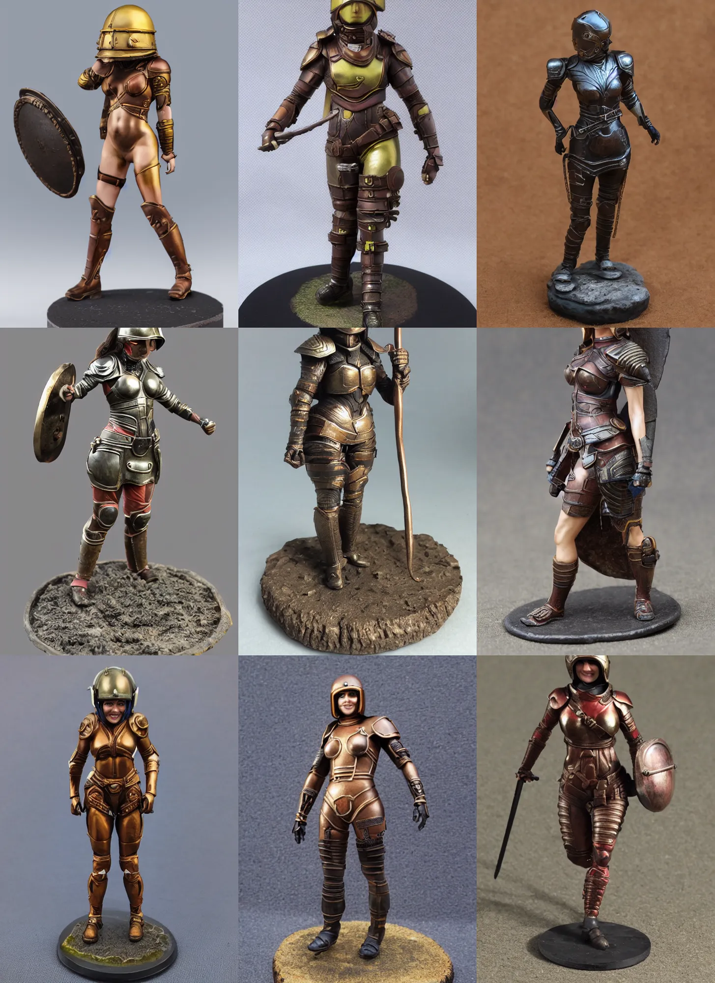 Prompt: 80mm resin detailed miniature of a helmeted muscular woman in full-face iron helmet, stomach, navel, boots, Logo, textured disc base; Product Introduction Photos, 4K, Full body, view from front