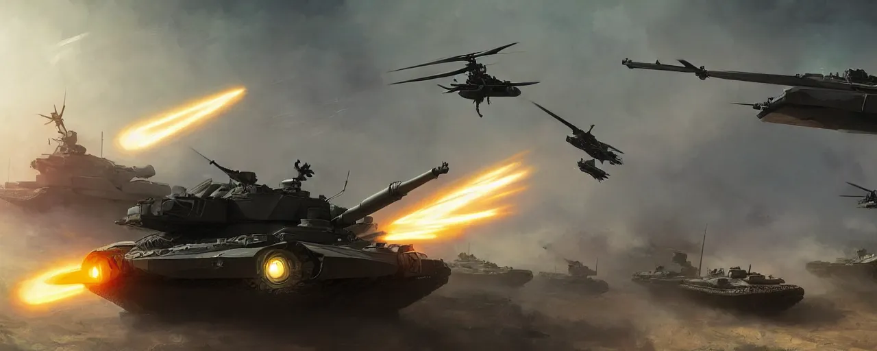 Prompt: main electric battle tank and helicopter at war, volumetric lighting futuristic, highly detailed, digital painting, artstation, concept art, cinematic, sharp focus, illustration, unreal engine 5, 8 k, art by artgerm and greg rutkowski and alphonse mucha