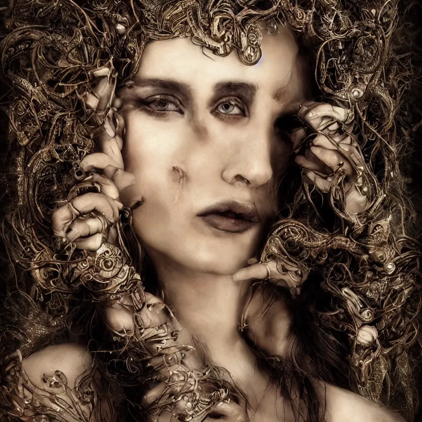 Image similar to mindblowing portrait of the enchantress queen, a stunning timeless beauty, breathtaking eyes, perfect skin, feathered eyelashes, royal gothic dress with a lot of leather, heavy silent hill aesthetic, incredibly intricate, digital art, blender, houdini & photoshop, very elegant & complex, hyper-maximalist, overdetailed, epic cinematic quality, biblical art lighting, photorealistic, lifelike, OLED, DSLR HDR 8k, face is the focus, facial feature symmetry, hyper composed, created by Nixeu & z--ed from deviantart