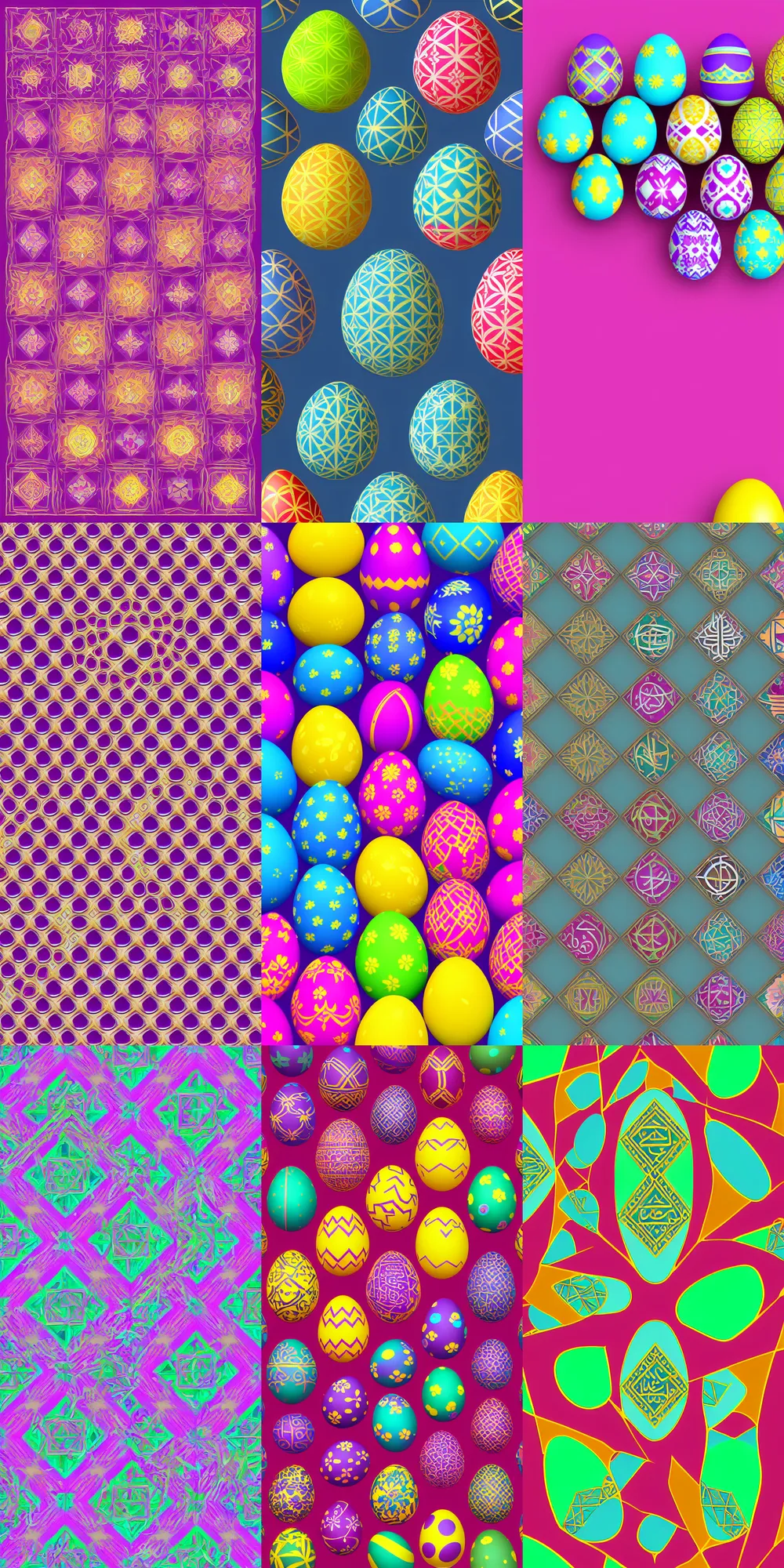Prompt: vector illustration of 2 - dimensional repeating islamic geometric designs and easter eggs. the color theme is # ce 0 cf 7 # 0 0 faa 8 # 3 6 4 5 4 f. octane render, 4 k, high detailed.