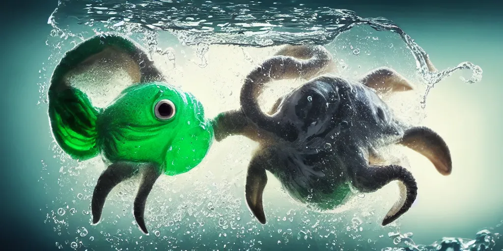 Prompt: cute happy pet baby cthulhu, swimming in a glass of water, sun shining through the glass, award - winning pet photography, soft lighting, ultra detailed, dslr, cinematic, volumetric lighting, 8 k resolution, photorealistic