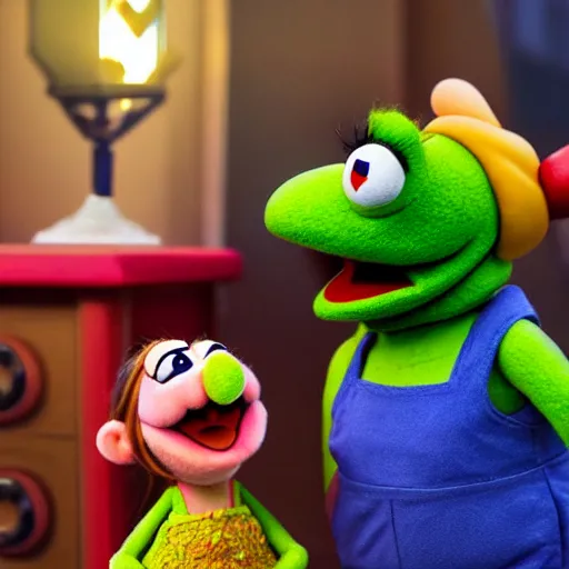 Image similar to A still of Mario and Princess Peach as muppets, photo real, photographic, photograph, artstation, trending, award winning, epic lighting, featured