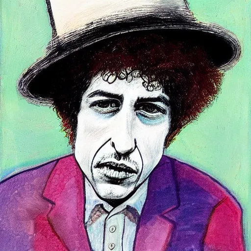 Image similar to exaggerated caricature portrait of bob dylan art by peter doig