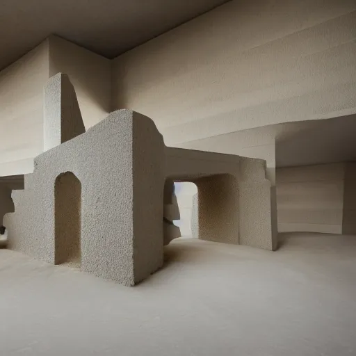 Image similar to indoor photo of a complex brutalist citadel made of 3 d printed rammed earth, people walking