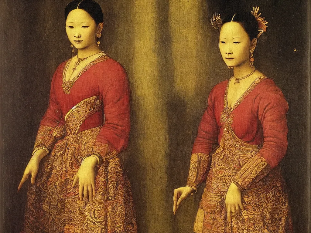 Prompt: portrait of a young woman in thai traditional costume. painting by leonardo da vinci