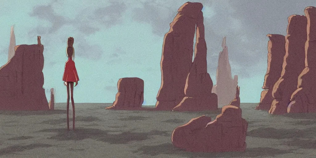 Image similar to a realistic cell - shaded studio ghibli concept art from paprika ( 2 0 0 6 ) of a tan aquatic human from close encounters of the third kind ( 1 9 7 7 ) in a flooded monument valley stonehenge. very dull colors, wide shot, hd, 4 k, hq