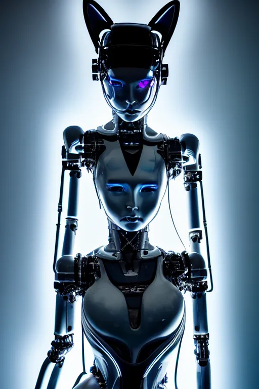 Image similar to cybernetic ultra high tech female robot with cat ears, neo - rococo, sci - fi, cyberpunk, high tech, futurism, exoskeleton, symmetry, cinematic, elegant, luxury, perfect light, perfect composition, dlsr photography, sharp focus, 8 k, ultra hd, sense of awe, highly detailed, realistic, intricate, science journal cover