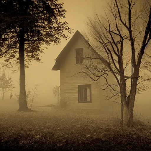 Image similar to a dark wood with an old cottage in state of dis - repair smoke rising, ghosts