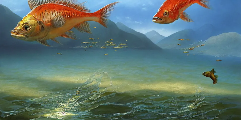 Image similar to A fish jumping out of water in the bay of kotor, by Vladimir Kush, Mark Arian