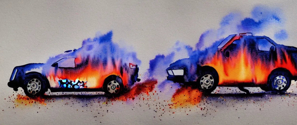 Image similar to watercolor of burning police car