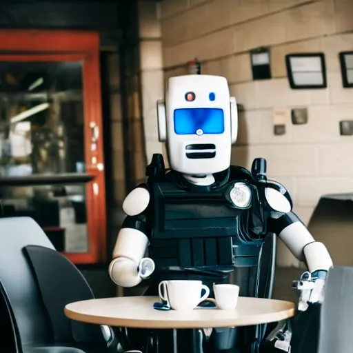 Prompt: a robot police officer drinking tea in a coffee shop sitting down relaxed, professional photography