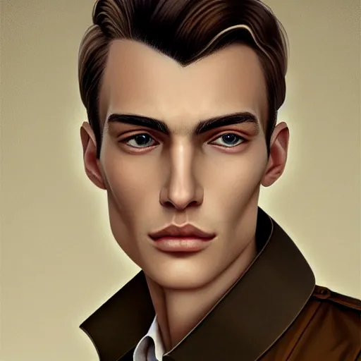 Image similar to tall man in his twenties with brown blond short quiff hair and thin slightly round facial structure with cleft chin, straight eyebrows and prominent nose, good definition of cheekbones, big hazel nut brown eyes, narrow face, slim body, atmospheric lighting, painted, intricate, 4 k, highly detailed by charlie bowater