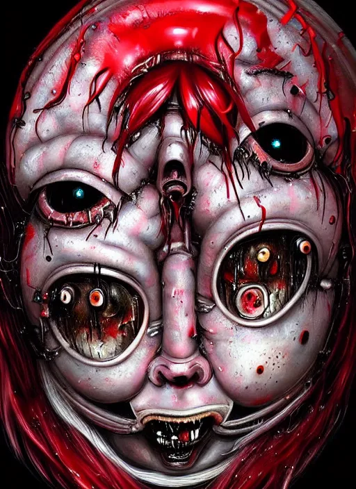 Prompt: a dramatic emotional hyperrealistic renaissance oil panting of a sad sobbing grotesque kawaii mecha musume figurine caricature screaming with a scrunched up red face uglycrying wrinkly featured in dead space by h r giger made of dripping paint splatters in the style of uzumaki, 🤬 🤮 💕 🎀