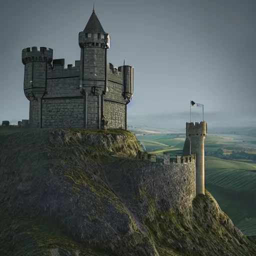 Image similar to a king ruling over a tower of a castle on some hills in england, cinematic, cgsociety, hyper detailed, octane render, unreal engine, foggy, middle of the day, photorealistic