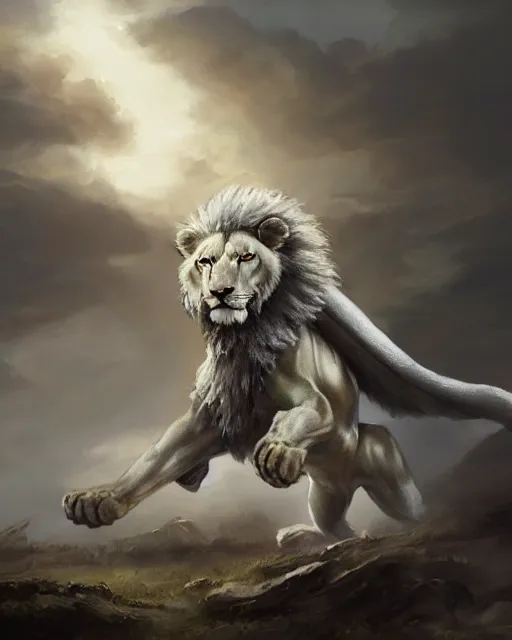 Image similar to oil painting of Anthropomorphized White Lion General in Battle, wearing fur armor and cloak, sharp focus, holding Sabre, heroic pose, fantasy style, octane render, volumetric lighting, 8k high definition, by greg rutkowski, highly detailed, trending on art Station, magic the gathering artwork, Battlefield backround, centered