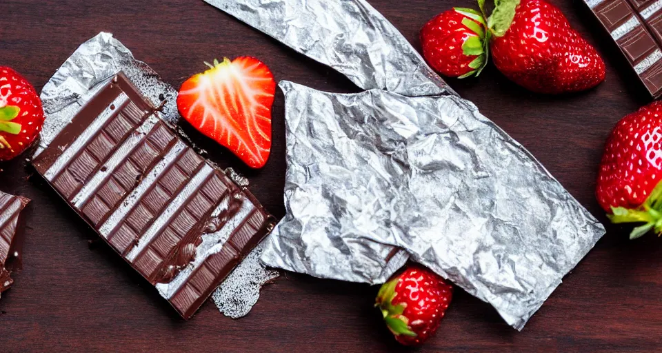 Image similar to A gourmet dark chocolate bar with a piece broken off, on an opened silver wrapper, next to sliced strawberries, on a wooden tray, macro lens product photo