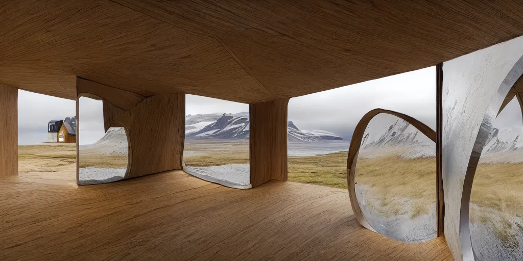 Image similar to futuristic architect house made from deconstucted ash wood and mirrors, floating, portal, iceland landscape photography, by lurie belegurschi and gunnar freyr