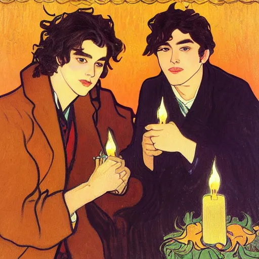 Image similar to painting of young cute handsome beautiful dark medium wavy hair man in his 2 0 s named shadow taehyung and cute handsome beautiful min - jun together at the halloween party, bubbling cauldron, candles, smoke, tarot, autumn colors, elegant, stylized, soft facial features, delicate facial features, art by alphonse mucha, vincent van gogh, egon schiele