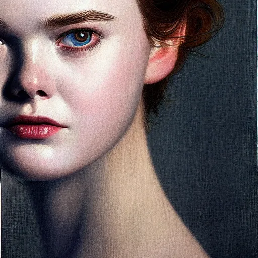 Prompt: Elle Fanning’s face against the window in the world of Adam Wyeth, head and shoulders portrait, stormy weather, extremely detailed masterpiece, oil on canvas, low-key neon lighting, artstation, Blade Runner 2049, Roger Deakin’s cinematography, by J. C. Leyendecker and Peter Paul Rubens and Edward Hopper and Michael Sowa,