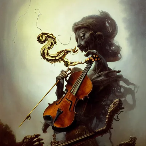 Image similar to bold simple lifelike humanoid baroque oil painting of close view of an ornate gothic violin interior with gold spidery embellishments, night, smoke, ground fog, by peter mohrbacher, by frank frazetta, by alan lee, john howe, da vinci, large depth of field, super detailed, digital art, trending on artstation, ornate