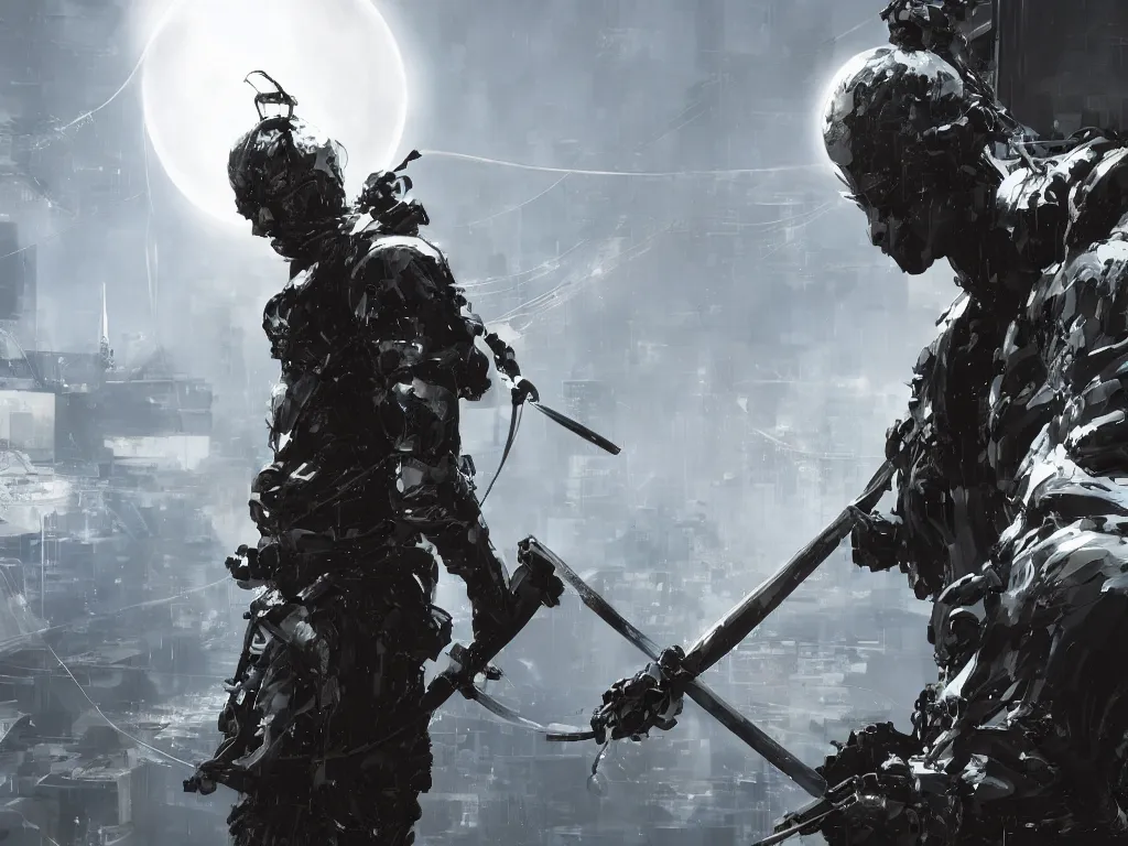 Image similar to sci - fi samurai ghost, holding katana in his two hands over his head, wires hanging from kis limbs, moondust, halo, surrealism, hyperrealistic, 8 k octane render, unreal engine by craig mullins, yoji shinkawa