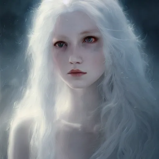 Image similar to a portrait of a ice queen with long dark curly red hair, stoic, pale skin, alone, white eyes, dramatic, epic painting, painting by wlop, nixeu and sakimichan, semirealism, artstation, octane render, sharpness, 8 k, golden ratio