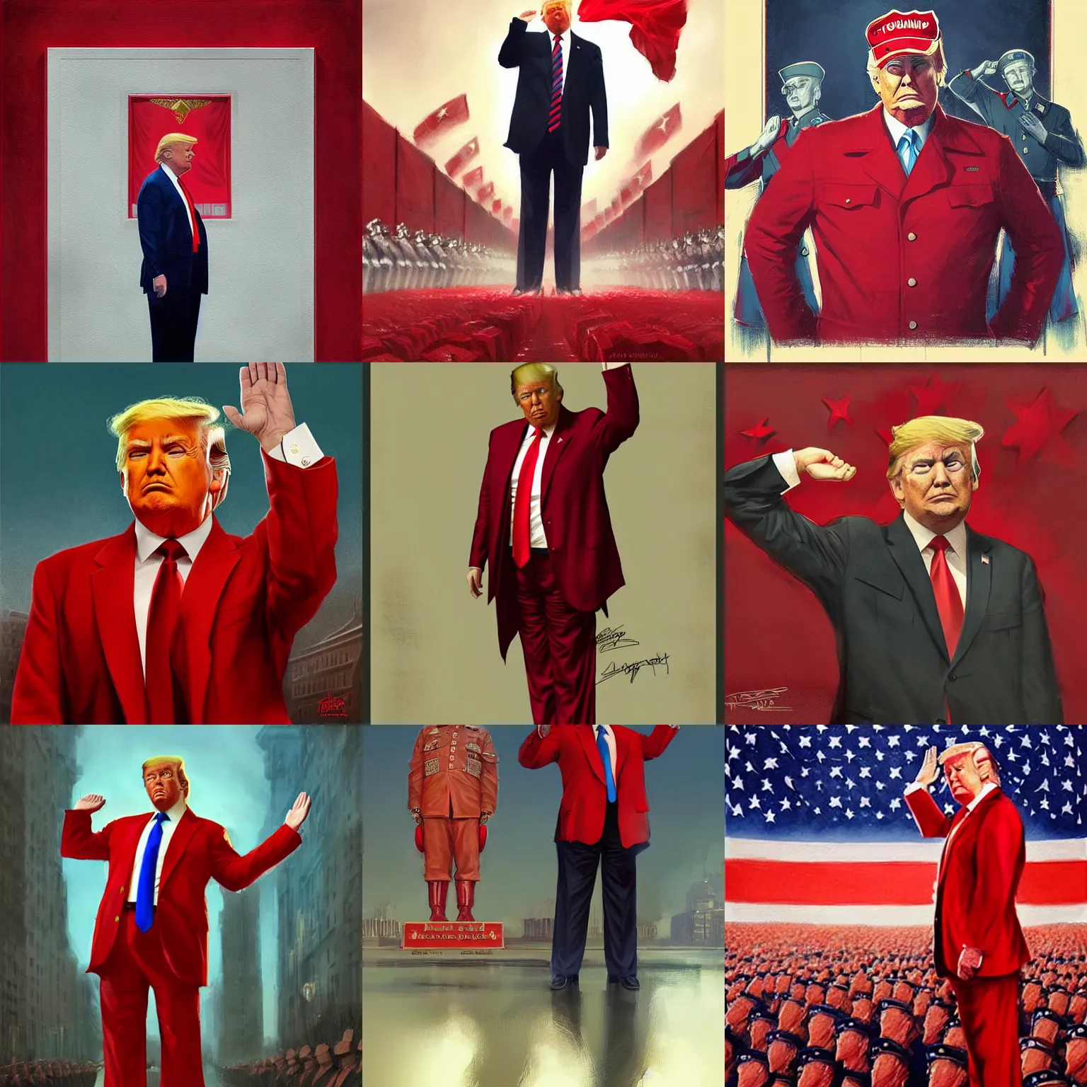 Image similar to donald trump as a communist, doing a military salute, red suit, art by artgerm, greg rutkowski, drew struzan, studio portrait, highly detailed, digital art, elegant, intricate, concept art, trending on artstation