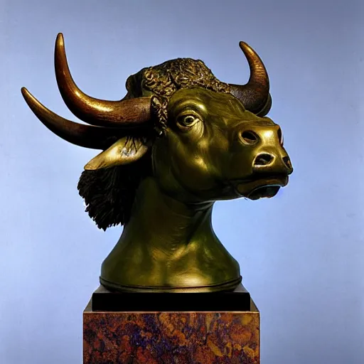 Prompt: professional color photograph of a patinated bronze bust of an angry water buffalo, Troigne view supported by a bronze plinth, by (Auguste Rodin), (Jean-Leon Gerome), FREDERIC REMINGTON