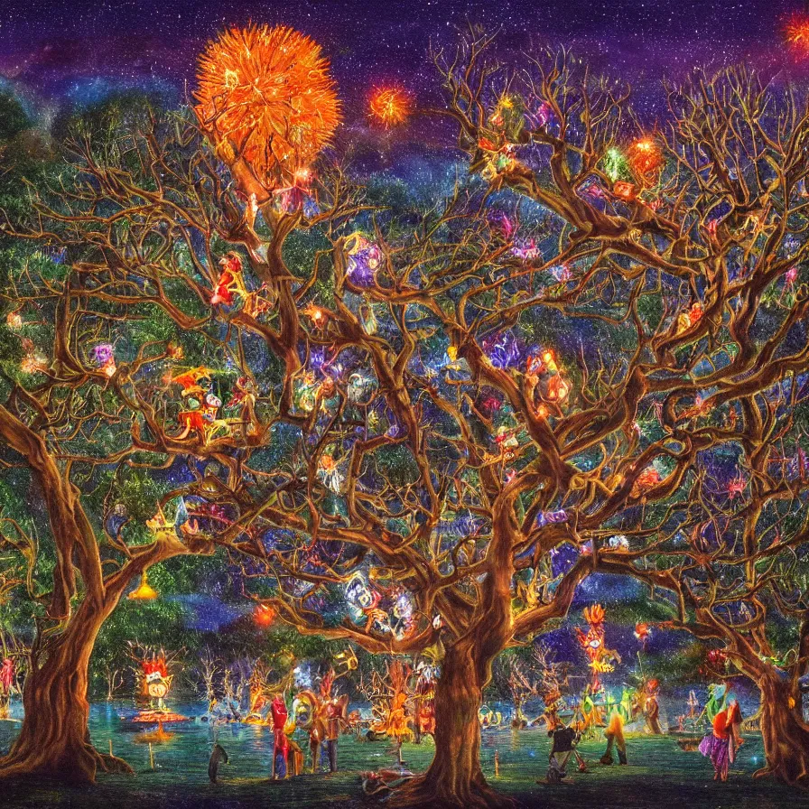 Prompt: a night carnival around a magical tree cavity, with a surreal orange moonlight and fireworks in the background, next to a lake with iridiscent water, christmas lights, folklore animals and people disguised as fantastic creatures in a magical forest by summer night, masterpiece painted by peter von cornelius, dark night environment