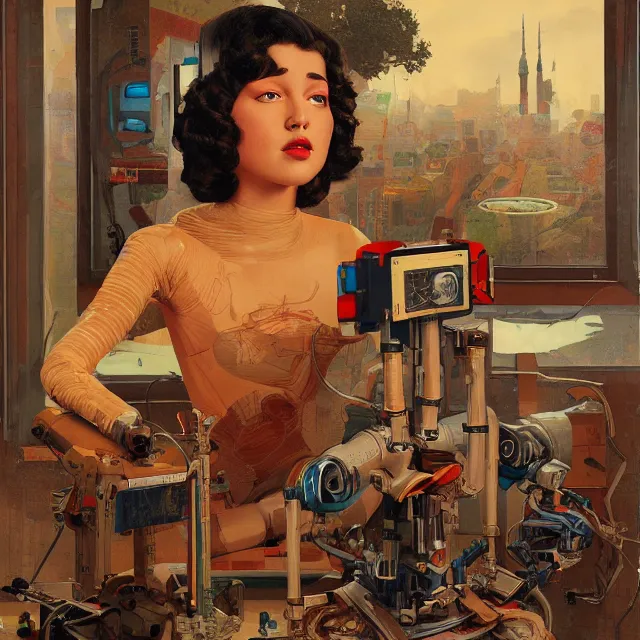 Image similar to robot artist painting a self - portrait on a canvas. intricate, highly detailed, digital matte painting, in the style of alexandros pyromallis, and in the style of sachin teng, and in the style of hans thoma, and in the style of gil elvgren. irony, recursion, inspiration, art deco.