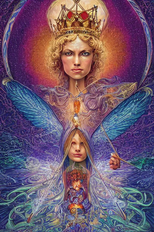 Image similar to beautiful tarot card of the queen of dreams by dan mumford and carol bak and alex grey, oil on canvas, intricate, border, symmetrical, portrait, 8k highly professionally detailed, HDR, CGsociety