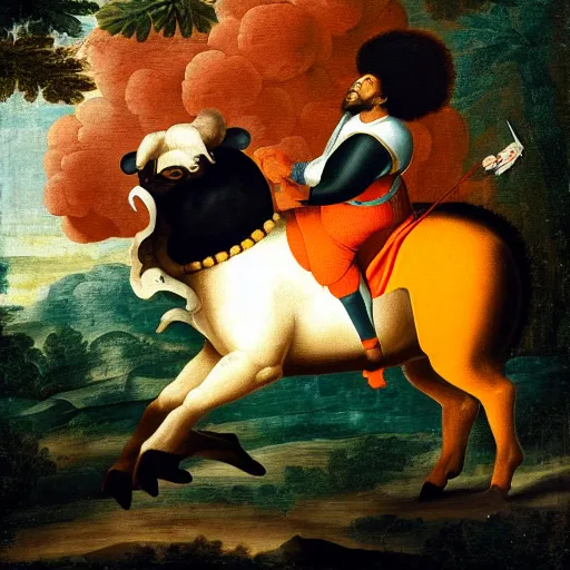 Image similar to photograph of a black man with afro hair wearing an army green adidas jacket riding an orange colored bull!!, renaissance style painting