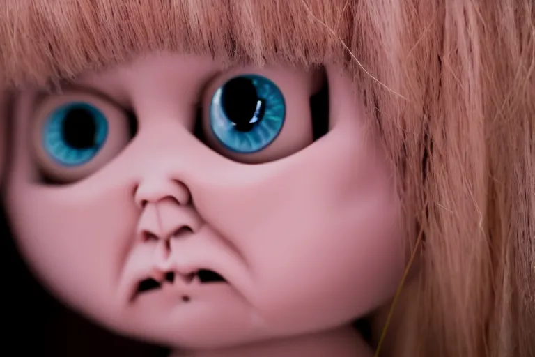 Prompt: a creepy doll with human eyes staring out at the viewer, horror movie 4 k
