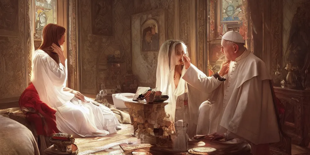 Image similar to photography of a pope making touching a sensual woman in a bedroom, deep focus, intricate, elegant, highly detailed, digital painting, artstation, concept art, matte, sharp focus, illustration, art by artgerm and greg rutkowski and alphonse mucha