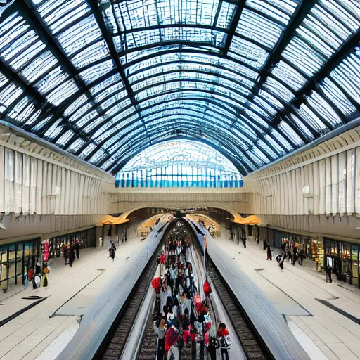 Prompt: elaborate and beautiful train station hall filled with travelers, designed by zaha hadid, bold colored walls, tall ceilings, large windows, lots of bold colors, unique architecture, sunbeams, detailed 8k