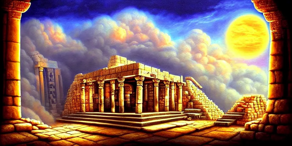 Image similar to illusion painting hidden temple in the clouds : an adorable small fox in the huge ruins of the second temple in jerusalem. a new temple hovers quietly hiding in the dreamy clouds above. a hooded bearded old man in a brown tunic laughing, colorful 8 k, art station, intricate superb details, digital art, illusion painting hidden image.